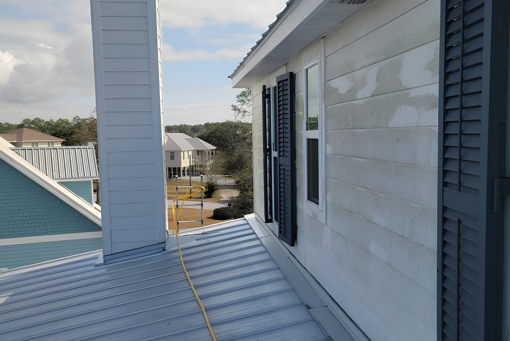 Exterior view from a rooftop deck: a yellow hose draped along a metal roof and blue shutters on sidings of a house, with neighboring homes in the distance